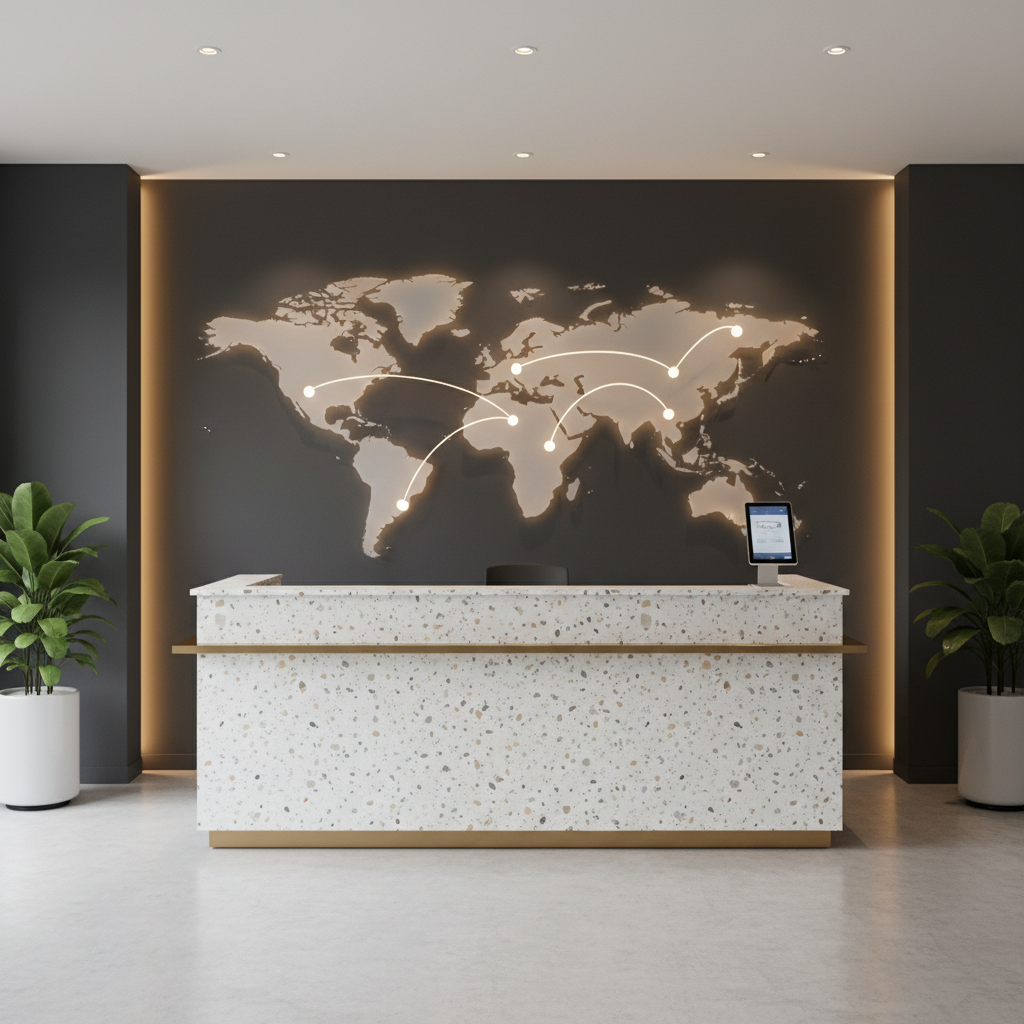 A stylish, minimalist reception counter in a high-end language service studio, made of white terrazzo with subtle stone flecks and a thin brass trim. Behind the counter, a large, semi-transparent acrylic world map floats off a deep charcoal wall, with slender illuminated lines radiating out from Korea toward various regions, each endpoint marked by small glowing dots. Soft, warm indirect lighting washes the wall from above and below, creating gentle gradients and reflections in the acrylic. Shot at eye level with a wide composition, the space feels open and inviting. The mood is sophisticated and welcoming, perfectly suited for a premium Korean-led multilingual translation brand.