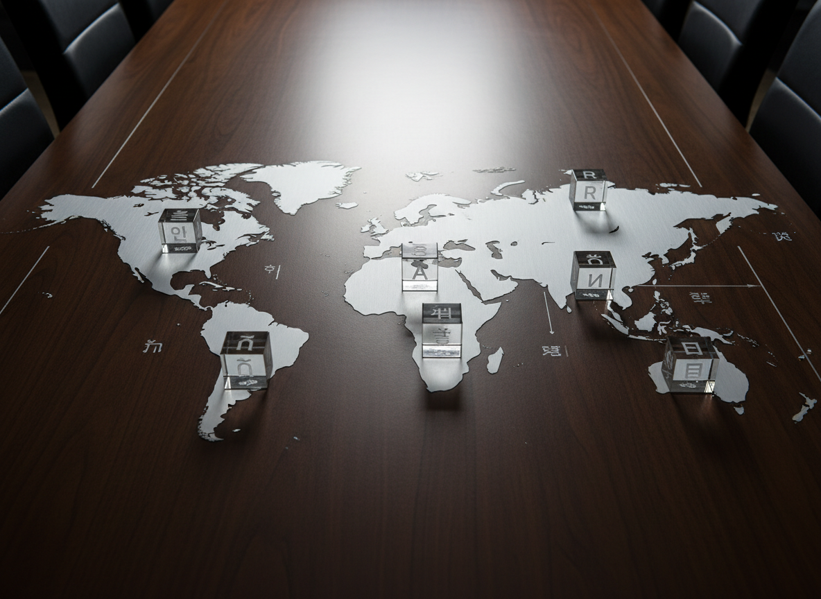 A polished dark-wood conference table seen from above, its surface divided into elegant sections by slim metallic lines forming a subtle world map silhouette. In each region, small glass cubes etched with minimalist language icons—Korean, English, Chinese, Japanese, Spanish, French, Vietnamese, Thai, Indonesian, Russian, Mongolian, Arabic—are positioned like refined game pieces. Soft, neutral studio lighting casts gentle highlights along the wood grain and delicate shadows under each cube. The composition uses a precise top-down view, sharp focus throughout, emphasizing order and clarity. The atmosphere is calm and intellectual, conveying a premium, multinational translation service in a photographic, design-forward style.