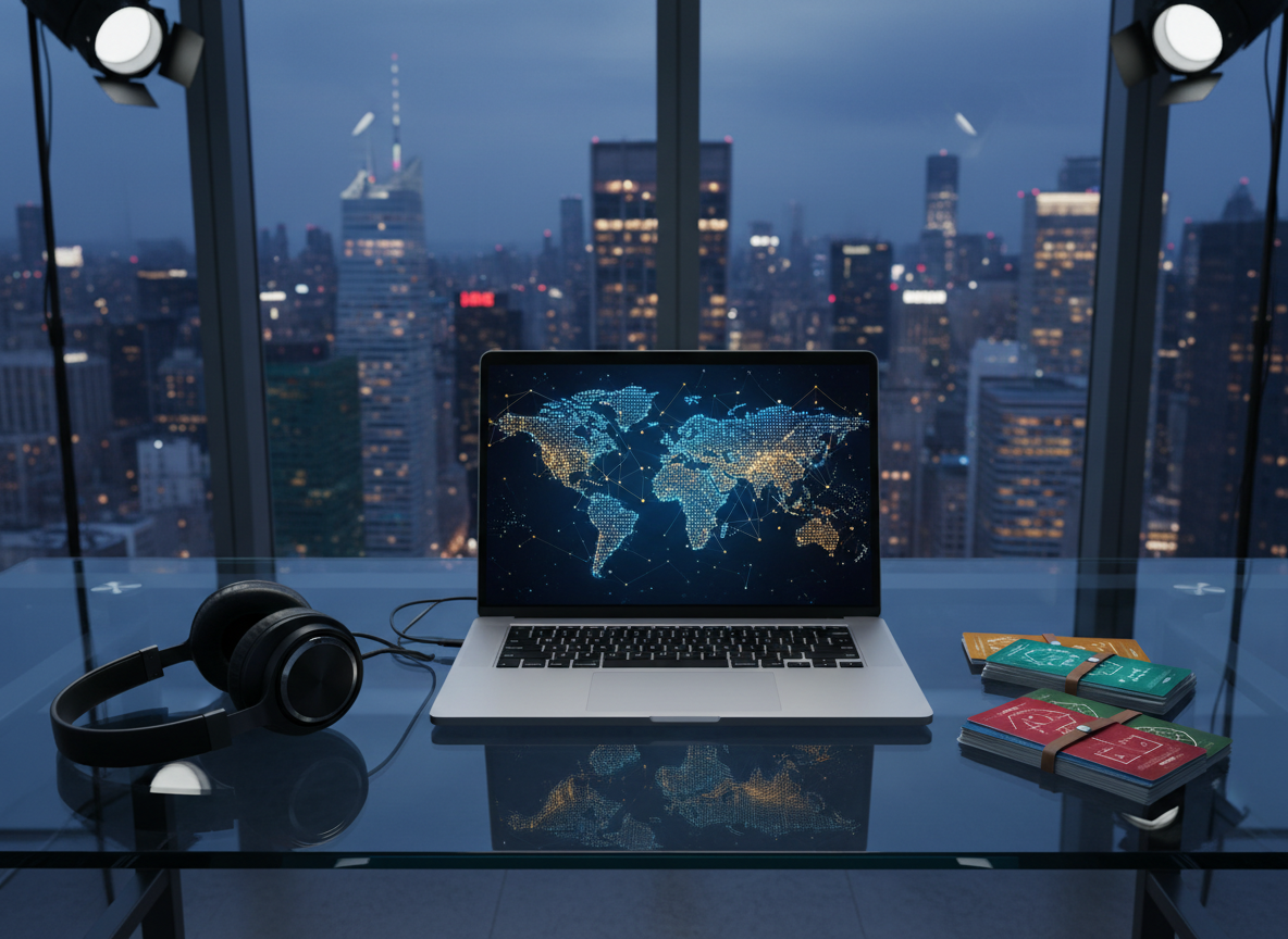 A sleek glass-topped workstation covered with neatly arranged translation tools: an open ultra-thin laptop displaying a world map made of glowing dots, a high-end noise-cancelling headset, and a stack of color-coded language reference cards displaying abstract symbols instead of text. The desk sits in front of a panoramic cityscape at dusk, skyscraper lights twinkling outside a floor-to-ceiling window. Cool, diffused studio lighting mixes with a subtle evening blue glow, creating crisp reflections on the glass. Shot from a slightly elevated angle with shallow depth of field, the focus is on the devices, evoking precision and professionalism. The mood is sophisticated and global, in clean photographic realism with a modern, minimalist aesthetic.